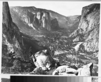 Copy Neg: MD 1986; Fig. 2A from A Preliminary Survey of the Influence of White Man On The Vegetation of Yosemite Valley  by R. P. Gibbens, March 1, 1962. The lower portion of Yosemite Valley as it appeared from Union Point in 1866. The "arboriferous belt" described by Whitney (1868) is clearly evident at the base of the talus slopes. Print from NPS copy neg. made by Ralph H. Anderson.