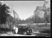At Valley View. On occasion of first return trip to Yosemite after August 23, 1913, when he, a boy of 15, accompanied his family to the park over the Oak Flat Road and was issued the first auto permit to Yosemite Permit signed by Chief Townsley and stamped Wm. T. Littebrant, Acting Supt.