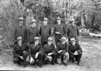 Superintendents at Yosemite Fire Conference for Region Four. L-R: back row- Preston Macy, Olympic; Jim Cole, Joshua Tree; Ernest Leavitt, Crater Lake; Colonel White, Sequoia; Don Fisher, Lava Beds; Front- Harry Buckley, Silver Creek Rec. Area; John Preston, Mt. Ranier; Frank A. Kittredge, Yosemite; Ray Goodwin, Death Valley; Walter Finn, Muir Woods