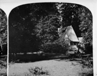 Detail fo L. Smaus stereo (RL-16,550). Caption: "1259. Sentinel Rock, (3,270 feet high) and Hutchings' Hotel." copied by Michael Dixon, copied July 1985