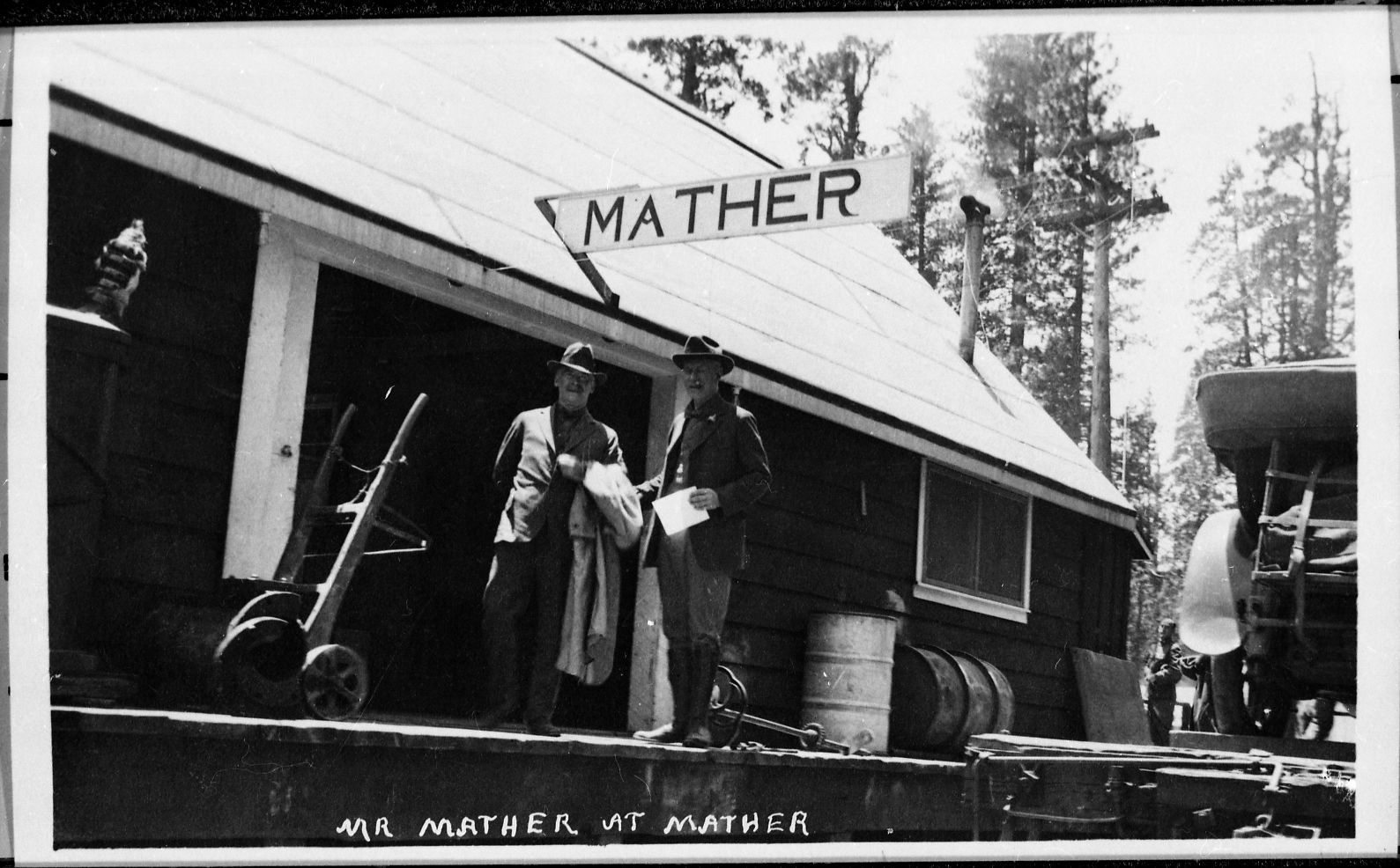 Mr. Mather and M. L. Trip - Hetch Hetchy inspector. At Mather. [Taken before flood. Possible name was given in 1919].