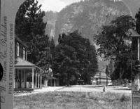 Copy Neg: July 1985 by Michael Dixon. Detail of L. Smaus stereo card (RL-16,518). Captioned: "11. Yosemite Valley, California." Sentinel Hotel at right, old Yosemite Store at left.