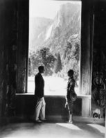 Standing at the window of newly completed Ahwahnee Hotel.