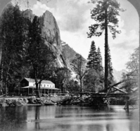 Detail from L. Smaus stereo (RL-16,532). Captioned: "Hutching's Hotel, Yosemite Valley, Cal." copied by Michael Dixon, copied July 1985