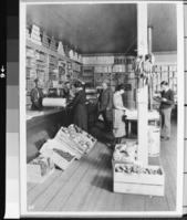 Old Village Store. Far Left (L-R) Daugherty (possibly), Harold Gallison, Ann Canova, Andy Thompson, Deede (?), Deede (?). Original print in over-sized photo drawer in RL. copied by J. Ernest, copied 1983