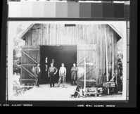 Old Blacksmith Shop, Wawona. Left to right: Archie Leonard, Jeams O'Rouke (Baxter), Albert O. (Bert) Bruce, Jr., Albert O. Bruce, Sr.