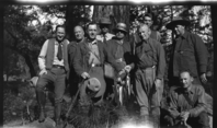 Horace Albright on left and Gov. C.C. Young in center without hat. Don Tresidder behind Young and Forest Townsley on right (standing).  Copy Neg: Mike Floyd, 9/91