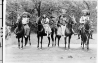 Copy Neg: 1985 by M. Dixon. Indian Field Days. L-R: Chris Brown and 3 unidentified people. Pants on man 2nd from right in Mariposa Historical Society Collection.