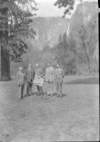At site of future Ahwahnee Hotel: L-R: 1.? 2. Secty of Interior Hubert Work. 3. NPS Dir. Stephen T. Mather, 4. Donald Tresidder, 5. Bob Williams