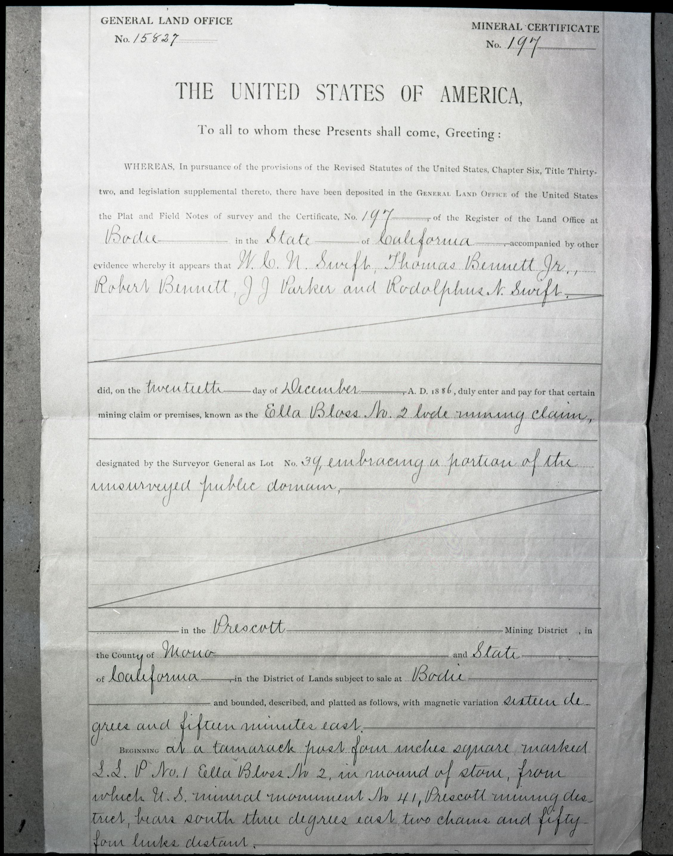 Document pertaining to the Tioga Mines. Originals in the Yosemite collection. See also RL-13,130-13,145