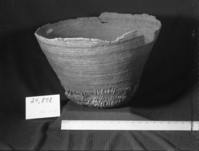 Miwok type cooking basket with heavy repair. Cat. No. 24,878 (YNP Collection) on loan from the State of California., Department of Parks & Recreation. Technology is similar to same Maidu work. Horizontal band design in split red bud shoots.