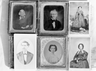 Left to Right: TOP ROW: Mrs. Topple, mother of Mrs. Albert Snow; Mr. Topple, father of Mrs. Albert Snow; Maria E. Snow. BOTTOM ROW: C. O. Drew (married Snow's daughter, Marie E. Snow); Maria Snow, age about 16; Mrs. Topple, mother of Mrs. Snow. Copied April 13, 1951 by Ralph H. Anderson. From Howard Egglur (?sp), Legrand.