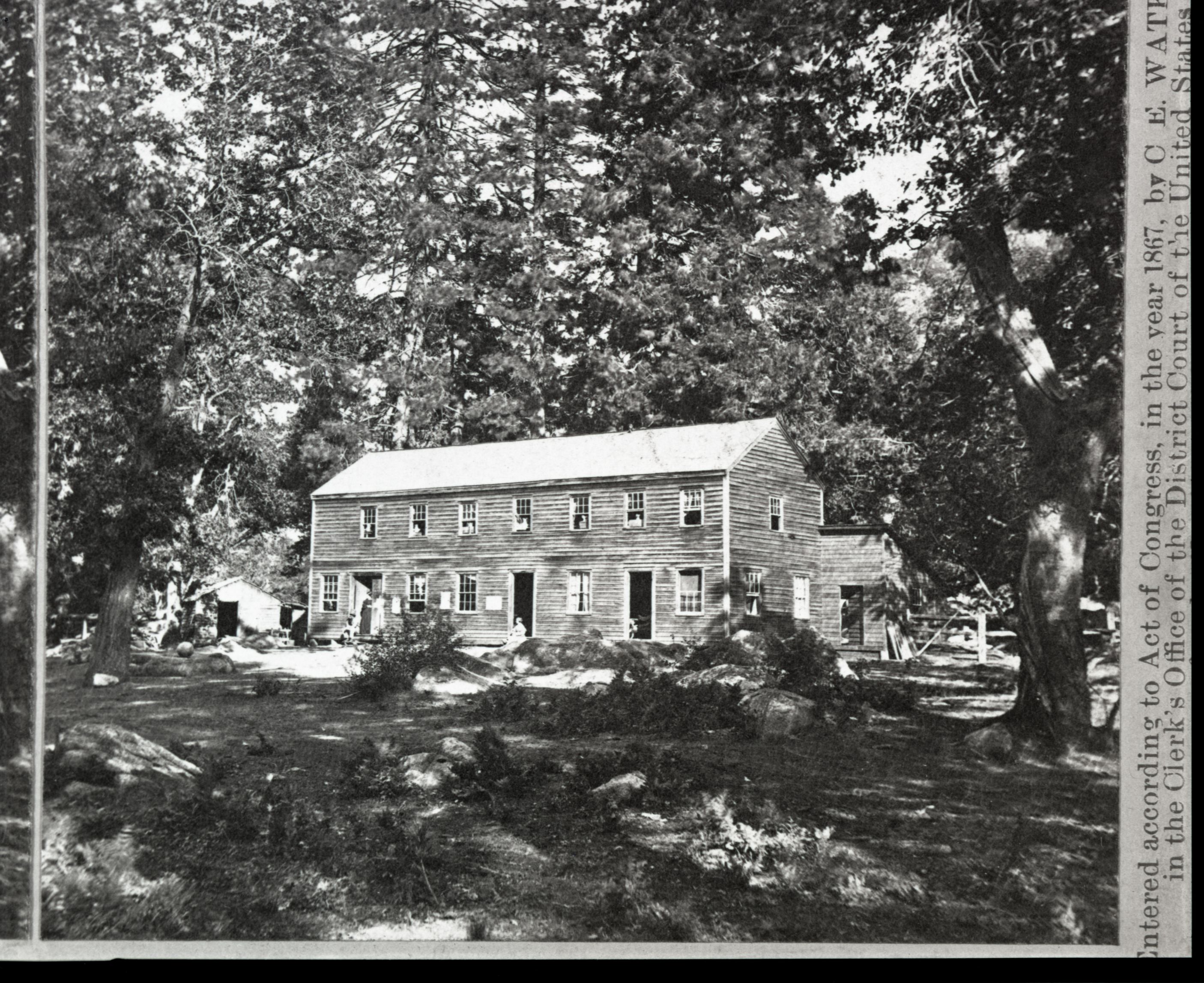 Detail of L. Smaus stereo (RL-16,522), captioned "The Upper House, Yosemite Valley, Mariposa County, Cal. 1088." Hutching's Hotel. copied by Michael Dixon, copied July 1985