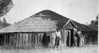 Tuolumne Roundhouse, Tuolumne Mewuk Rancheria. Bert Fuller, Lester (?) Cox, and Viola Wessell.