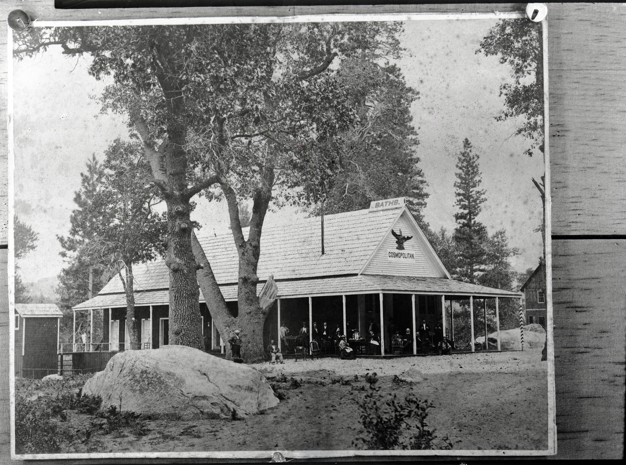 Cosmopolitan House Bath House & Saloon in the early 1870s. Copied from an old photograph