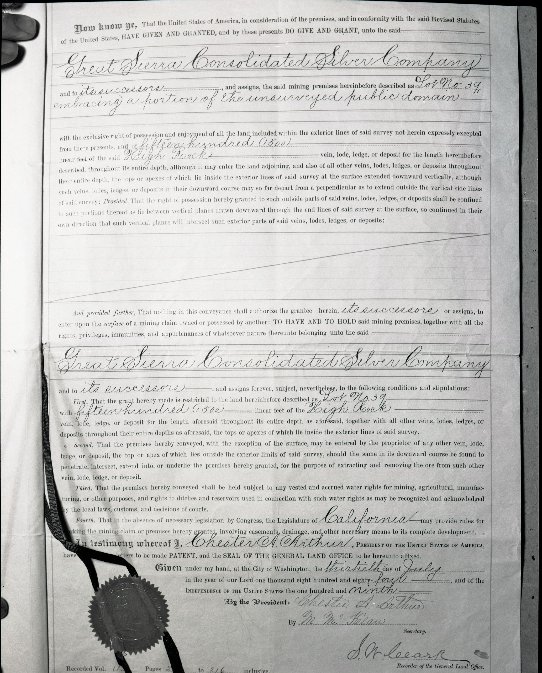 Document pertaining to the Tioga Mines. Originals in the Yosemite collection. See also RL-13,130-13,145