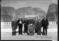 Congressional Party at Hetch Hetchy. L-R: Col. Dougherty, C.O. Army transport; Senator James P. Pope, Idaho; Senator Edw. P. Costigan, Colorado; Congressman Richard Welch, S.F.; Congressman Thos. F. Ford, Los Angeles; Congressman Carden, Kentucky; Congressman Brent Spence, Kentucky