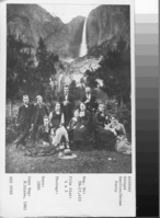 Daulton/Brown party, Yosemite Falls, 1880. Diary of trip to Yosemite in Research Library on Reserve (979.447, Y-2, #27-28). Standing L to R: Jonathan Daulton, Wm. J. Mace, Jack Daulton, Dr. Edgar C. Brown. Seated L to R: Agnes Daulton, Adalaide Raynor, Inez Mabel Mace, Mrs. Jennie C. Mace, Mrs. M.A. Brown, Ida Daulton. Original Print in Yosemite Collections.