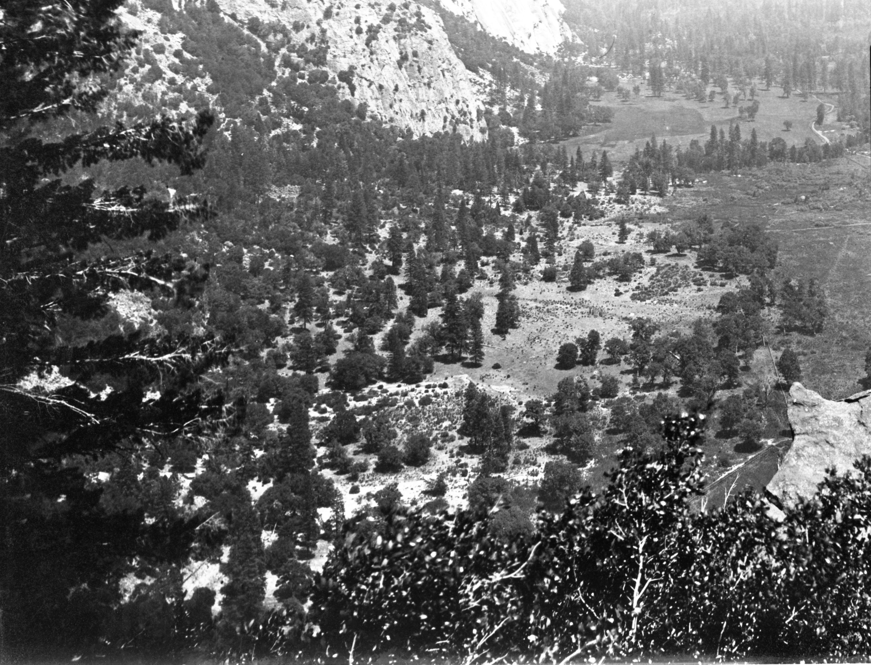 Copy Neg: Leroy Radanovich, January 2002; Close up of Yosemite Creek area in W.H. Jackson photo (YM-21,692) taken from somewhere on the Yosemite Falls trail.