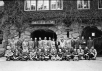 Group attending Region Four Naturalist Conference in Yosemite. April 14-17, 1948. LEFT TO RIGHT: FRONT ROW- Paul E. Schulz, Lassen; Howard R. Stagner, Sequoia; Russell K. Grater, Rainier; Geo. C. Rulhe, Crater Lake; Harry Parker, Yosemite; Clarence Fry, Sequoia; Leslie F. Keller, Death Valley; D.E. McHenry, Yosemite; Chas. H. Hembree, Death Valley; and Aubrey Houston, Death Valley. 2ND ROW- Don Erskine, Sequoia-Kings; Gunnar Fagerlund, Olympic; Sam J. Pusateri, Sequoia; Frank R. Givens, Joshua Tree; Merlin K. Potts, Mt. Rainier; Frank Bean, Mt. McKinley; Aubrey Neasham, Historian Region Four; Mahoney, Yosemite; Howard Powers, Hawaii; Robert McIntyre, Yosemite; and John Bingaman, Yosemite. STANDING- Norman Herkenham, Shasta Lake; Sam L. Clark, Yosemite; Dorr Yeager, Regional Naturalist; Odin Johnson, Yosemite; O.A. Tomlinson, Regional Director of Region Four; C.M. Goethe; John Doerr, Chief Naturalist; Carl Swartzlow, Regional Naturalist-Region 2; Lowell Sumner, Biologist; Margery Kennedy, Elizabeth Godfrey, He