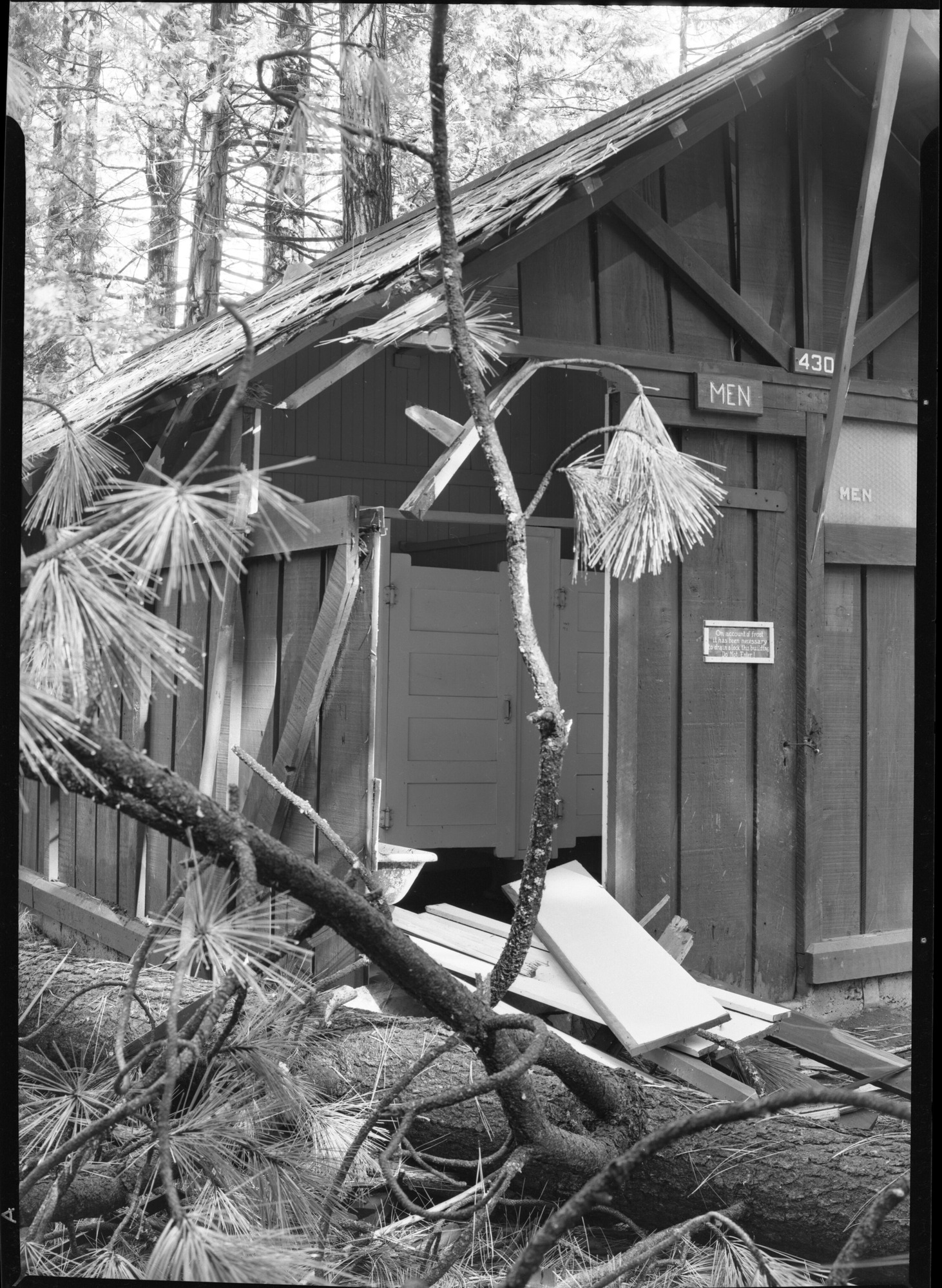 Camp 7 rest room damaged by falling pine tree