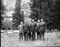 King Umberto & Party of Italy. Left to right: Marchese Falcone Lucifero, Mr. Wm. Schnettler; Count Raimondo Olivieri; His Majesty King Umberto di Savoia; the Duke of Morignano, Don Eugenio Ruspoli; and Mr. Wm. N.L. Hutchinson, Jr. in front of the Village Restaurant.