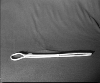 Marie Rozier Collection, Catalog No. 8. Object: Paiute stirring stick. Dimensions: 27". Materials: willow, brain-tanned buckskin. Technology: --- Collection History: Purchased new in Bridgeport, 1950s. Photographed by Michael Dixon, Dec. 1982. Catalogued by Craig Bates and Barbara Beroza. Yosemite Collections, National Park Service.