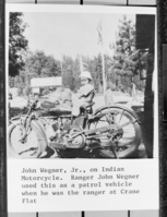 John Wegner, Jr. on Indian Motorcycle. Ranger John Wegner used this as a patrol vehicle when he was the ranger at Crane Flat.