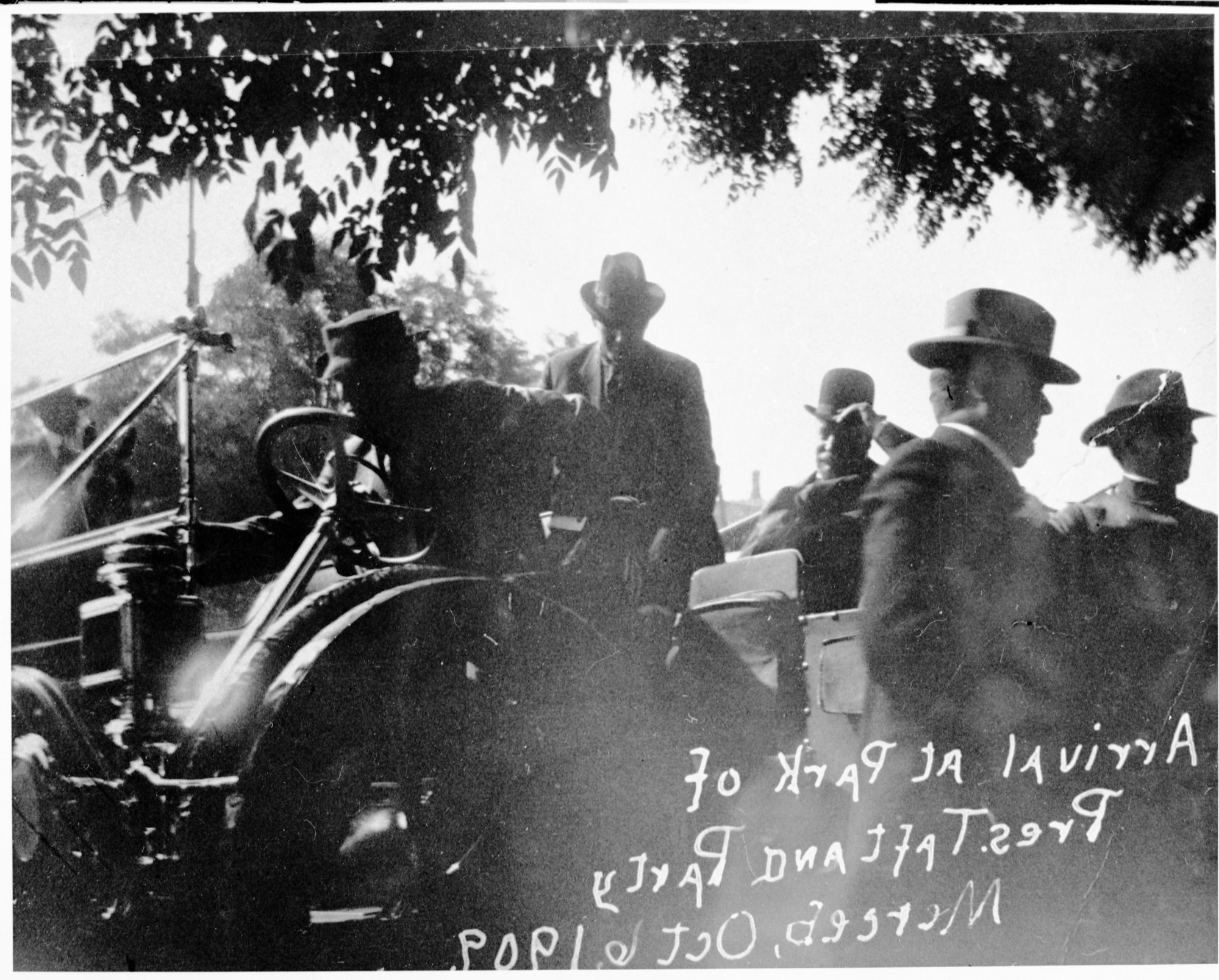 Copy Neg: J. Ernest, 1983. President Taft arrives at Merced ready for Valley rail trip. Man second from left is O.W. Lehmer, YV General Manager. (printed in Hank Johnston's Railroads of the Yosemite Valley).