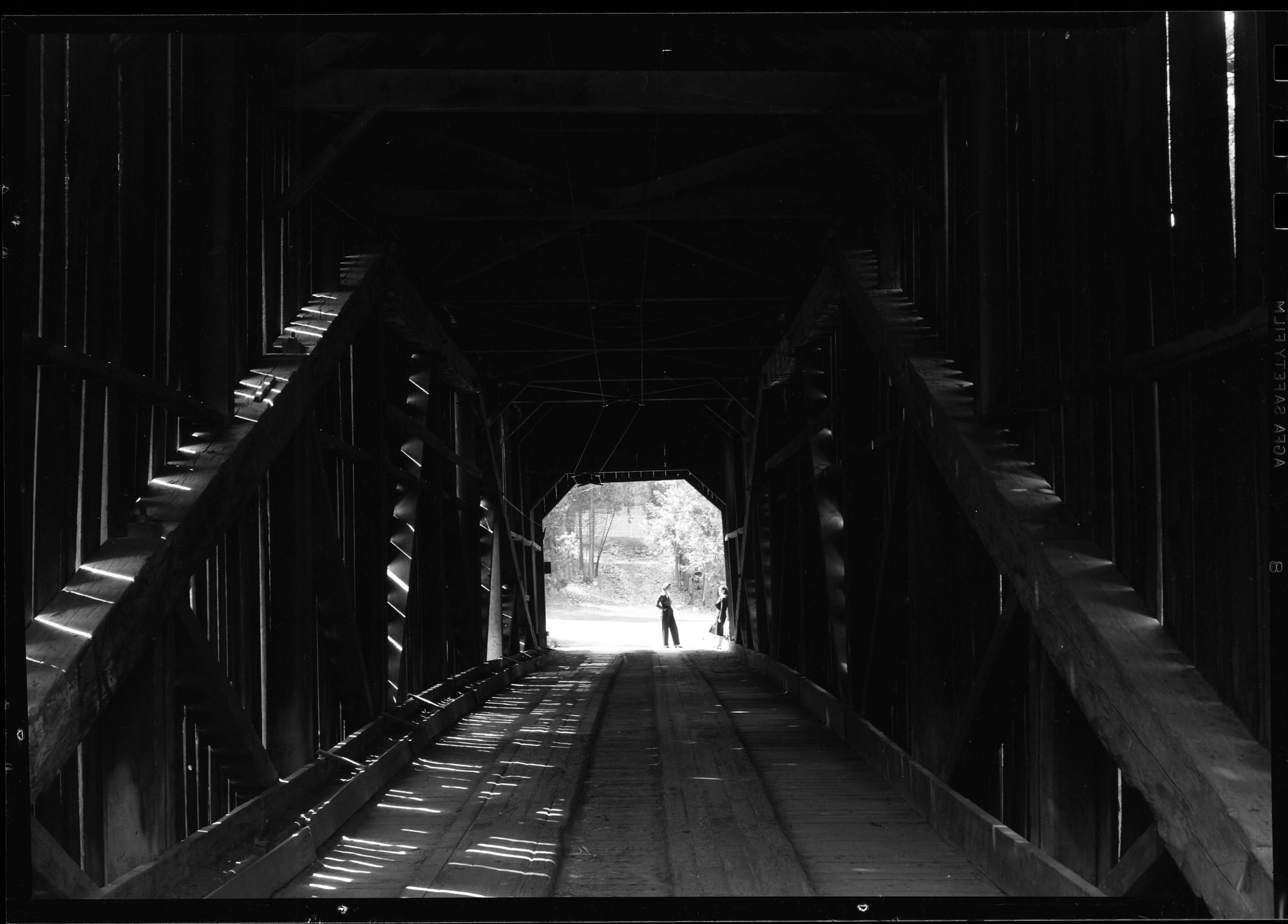 Interior of old covered bridge at Wawona.