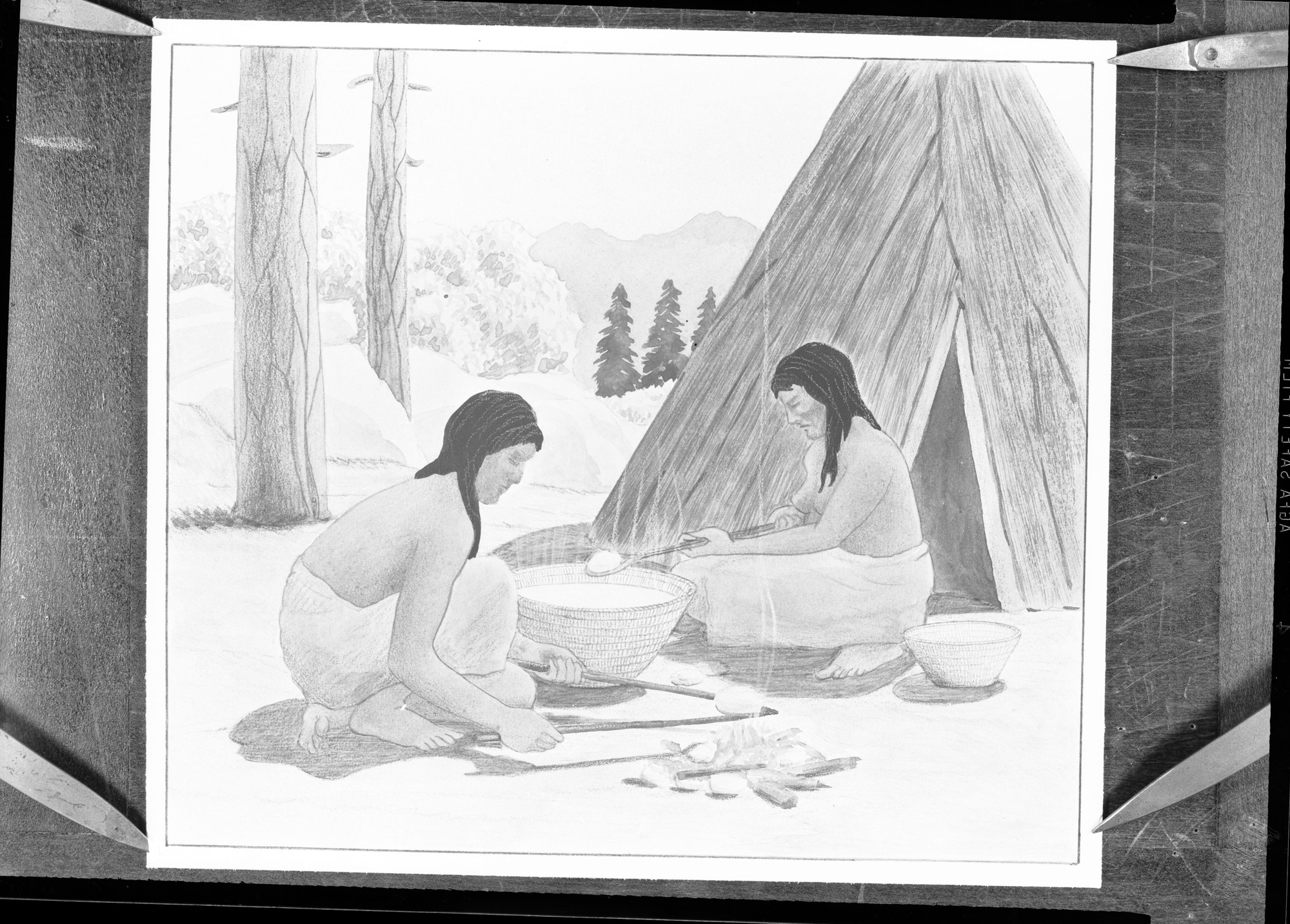 Illustrations "How Native Foods were prepared". "Cooking in Basket", Museum Exhibit