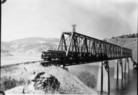 Yosemite Valley railroad. Barrett bridge over part of Lake McLure Reservoir - ca. 1943