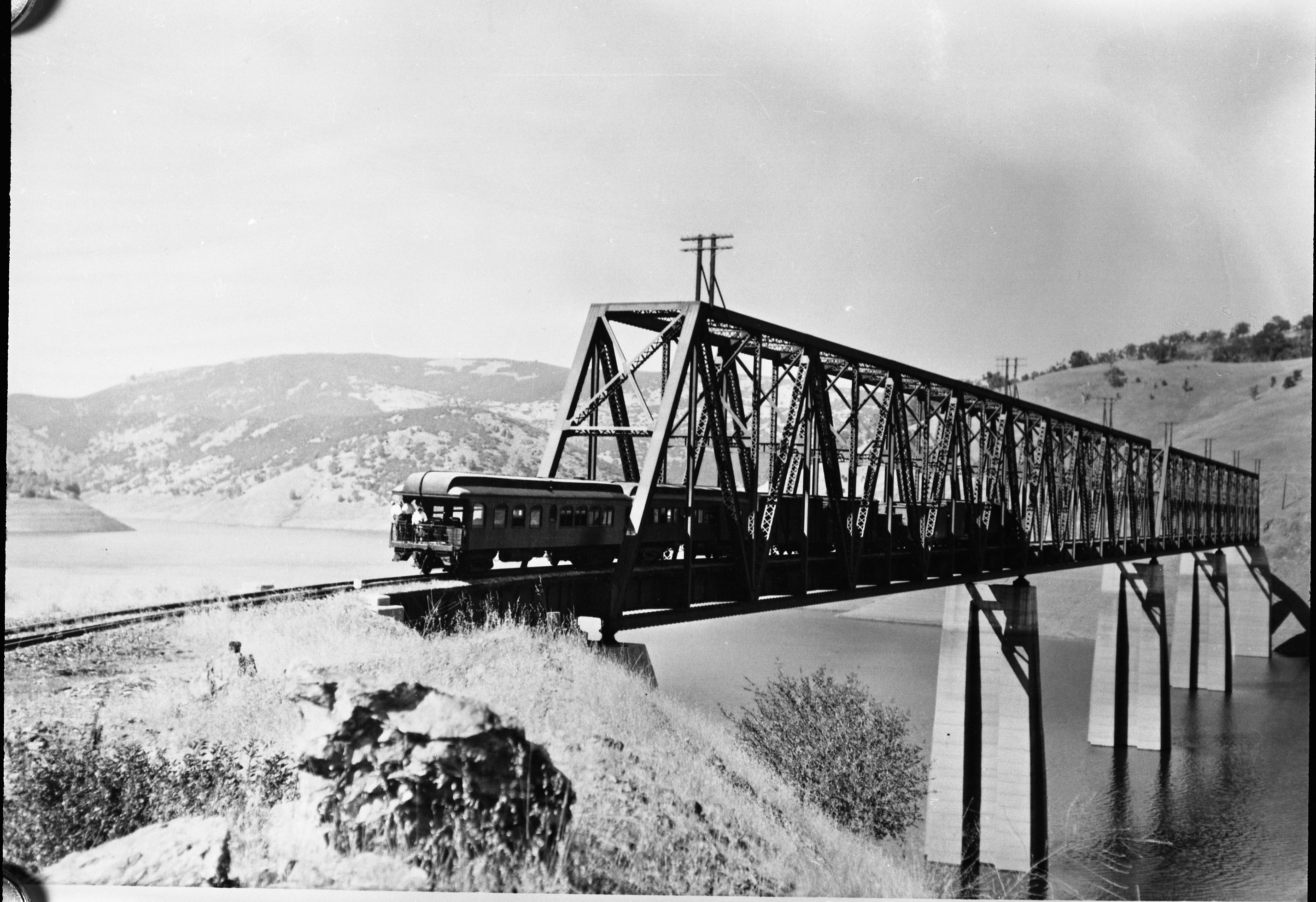 Yosemite Valley railroad. Barrett bridge over part of Lake McLure Reservoir - ca. 1943