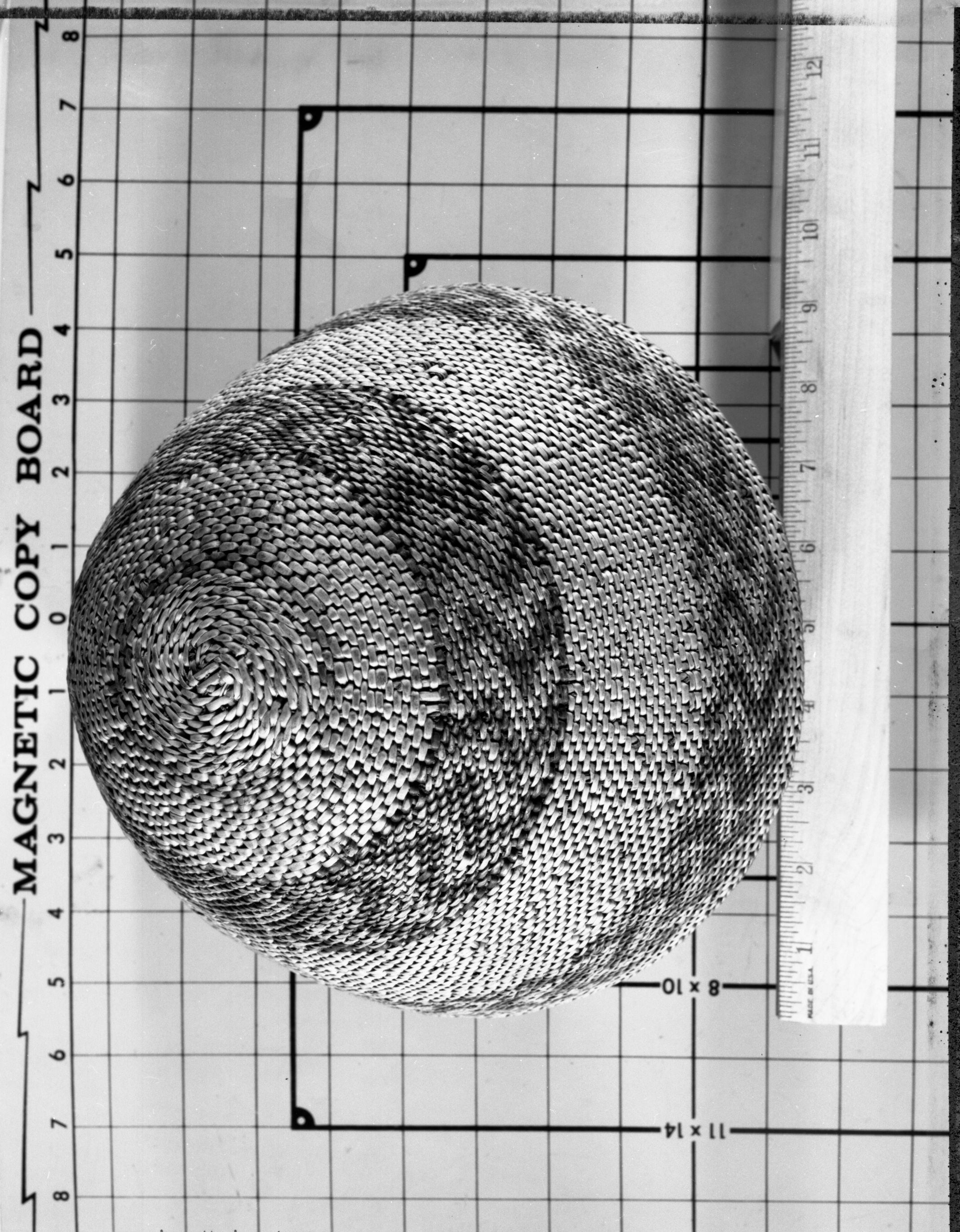 Paiute twined cop. Willow shoot warp, split weft. Design touched up with dye of ephedra sp. and yellow ochre. In Yosemite Collections #25,231.