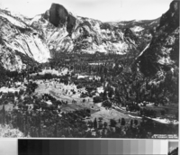 Copy Neg: MD 1986; Fig. 9A from A Preliminary Survey of the Influence of White Man On The Vegetation of the Yosemite Valley by Gibbens. A remarkably clear photograph taken from Columbia Point in 1899. Young trees dotting the meadows are clearly visible as are fences enclosing portions of the meadows. The pre-white man conifers are plainly visible above the stands of black oak and young trees. Print from NPS copy neg. by Ralph H. Anderson.