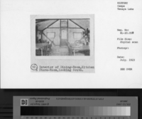 Scanned from insurance appraisal photo books taken prior to concession company merger. July 1923. #92 Interior of Dining Room, Kitchern & Store Room, looking South. Hikers Camp, Tenaya Lake.