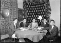 Roundtable group for NBC broadcast Institute of Pacific Relations. L-R: Wm. W. Lockwood, sec.; Dr. Chi Ch'ai-ting; Dr. Leonard S.L. Hsu, Prof. of Soc.:Univ. of Yenching, Peiping; Dr. Hu Shih, Chinese author poet and philosopher, chairman of the Chinese delegation; Mr. Bisson, Far Eastern expert