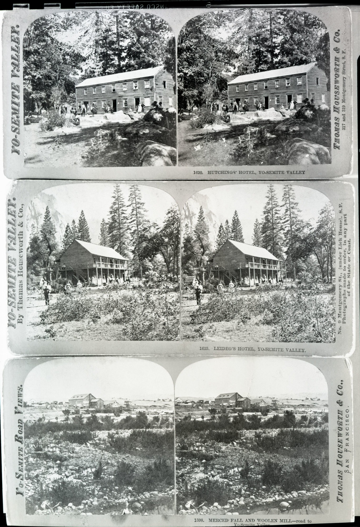 1. Upper Hotel called Hutching's Hotel. 
2. Leidig's Hotel
3. Woolen Mill at Merced Falls. According to Bill Stevenson, the dam was built to operate the woolen mill, which his grandfather John J. Jordan ran. Both this grandfathers - Jordan and Stevenson - were pioneers in that area. Both fought for the Union in the Civil War, both were prisoners at Libby Prison, where they met each other first. Later, they met in Merced Country where George J. Stevenson was a rancher at Snelling. Their children met there. Stevensons also ran the hotel at Merced Falls. George J. Stevenson was in partnership with a man who was a Southern sympathizer. They had a break-up and their neighbors aggravated the situation by carrying tales from one to the other. Finally, Stevenson was tipped off that his former partner was going to kill him the next time he appeared. In front of the Courthouse at Sneeling, they met and the former partner opened fire on Stevenson as he was dismounting from his horse. Stevenson returned fire, killing the