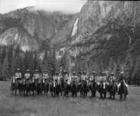 Graduating class from Horse Training, 1985. L to R: Dan Horner (Head of Horse Patrol), YNP; Jan Borromeo, G.G.N.R.A.; Charles Fullam, YNP; Travis White, Saguaro N.P.; Marilyn Muse, YNP; Charles Edgmon, Calif. State Parks; Jim Tucker, YNP; Trace DeSandres, YNP; Paul Ducasse, YNP; Suerie Levin, Sequoia/Kings NP; Pat Haddad, YNP-Maintenance; Larry Farrington, Calif. State Fish & Game.