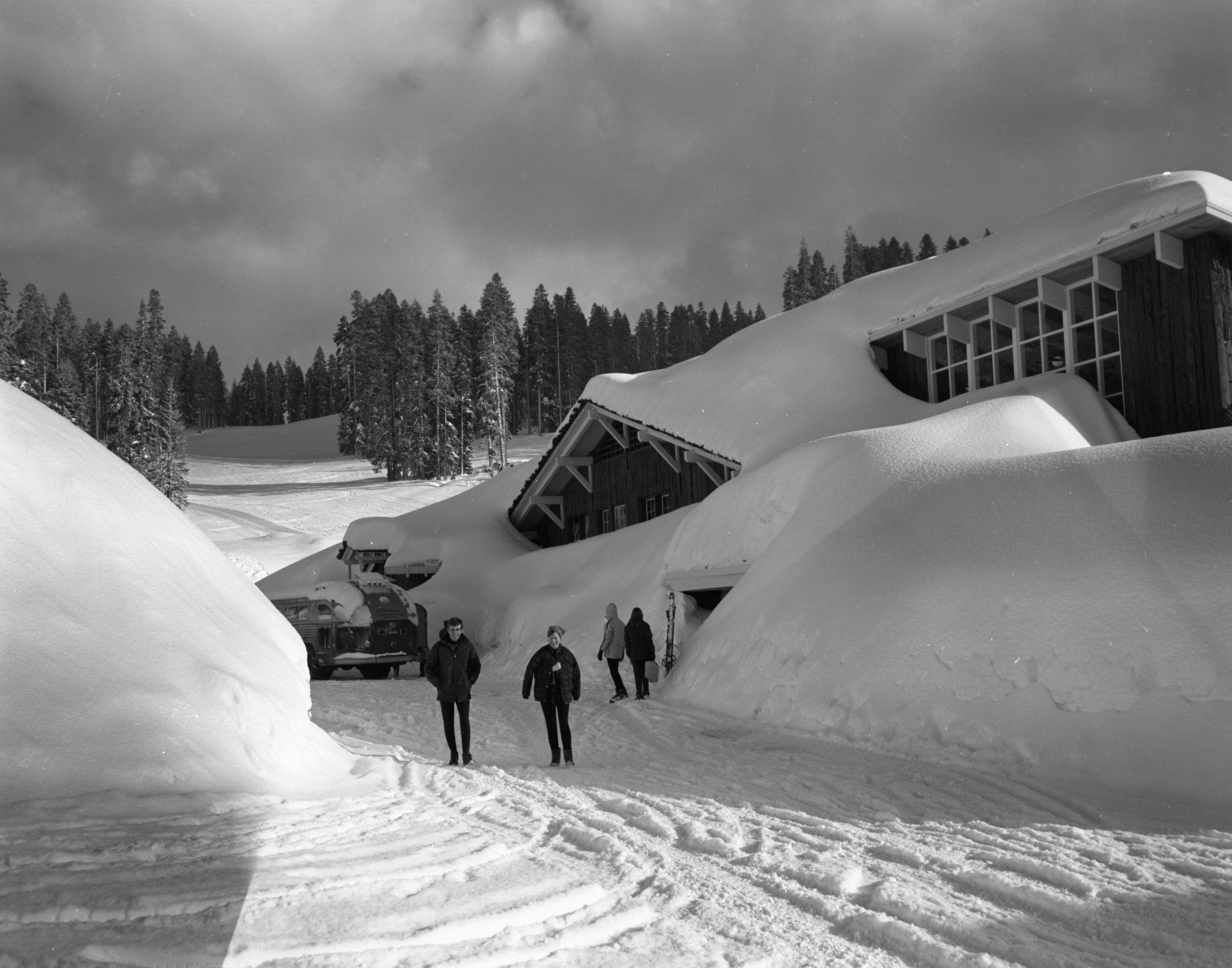 Heavy winter. Badger Pass Ski Lodge, Parking area entry.