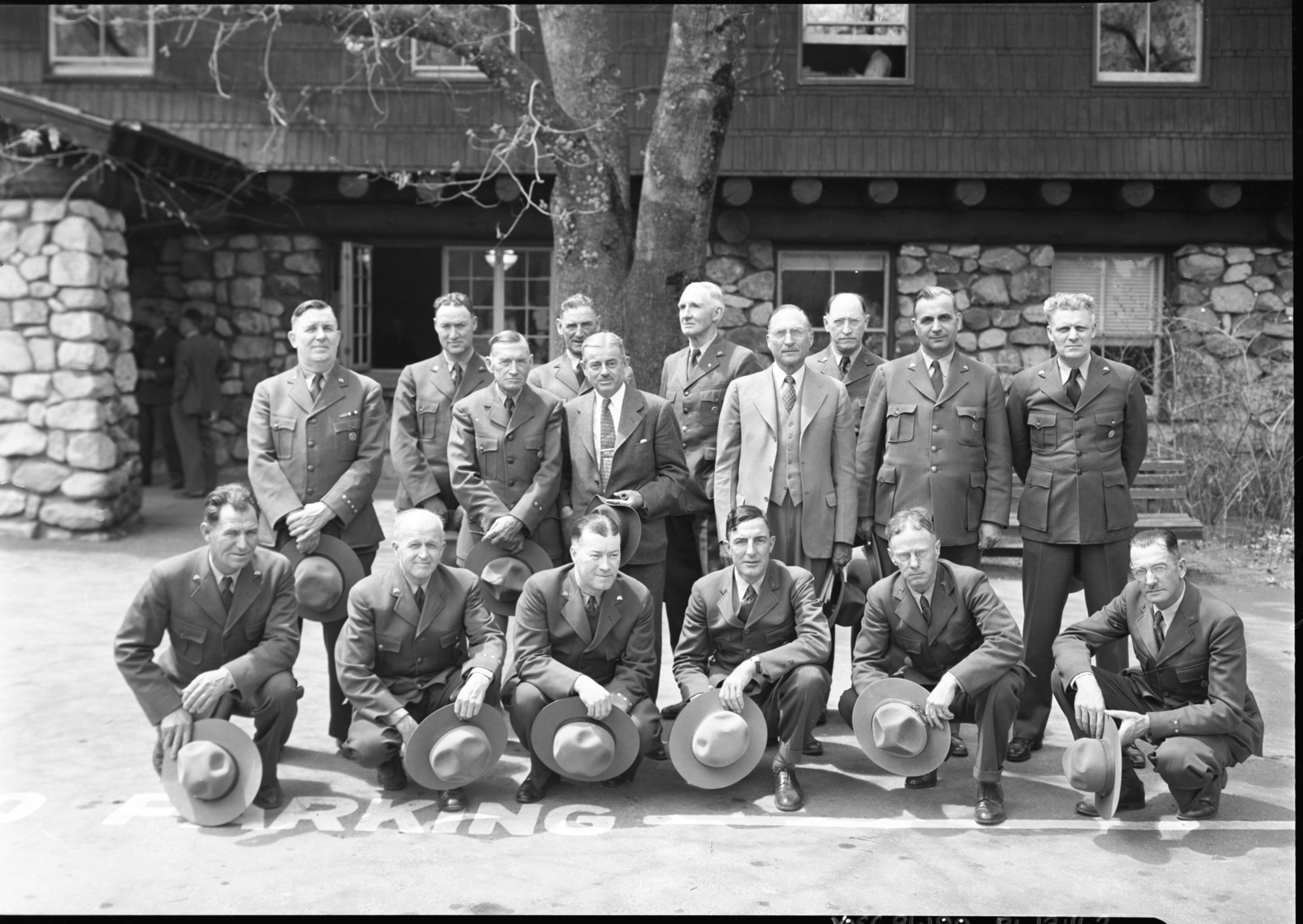 Superintendents and Rangers Fire Conference. With Hats Off. LEFT TO RIGHT Back Row: Finn, Muir Woods; Buckley, Silver Creek R.D.A; Goodwin; Fisher, Lava Beds; Drury; White; Tomlinson; Leavitt; Macy; Preston. Front Row: Pearson; Frank Kittredge; Jimmy Lloyd; Cole; Gibbs, Mendocino Woodlands; McCarthy, Craters of the Moon