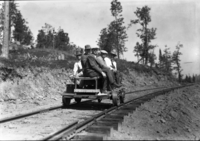 Copy Neg: 1991/1992. Yos. Lumber Co. speeder on logging railroad. L to R: Wms., Leavitt, Leavitt, Gable, Johusky.