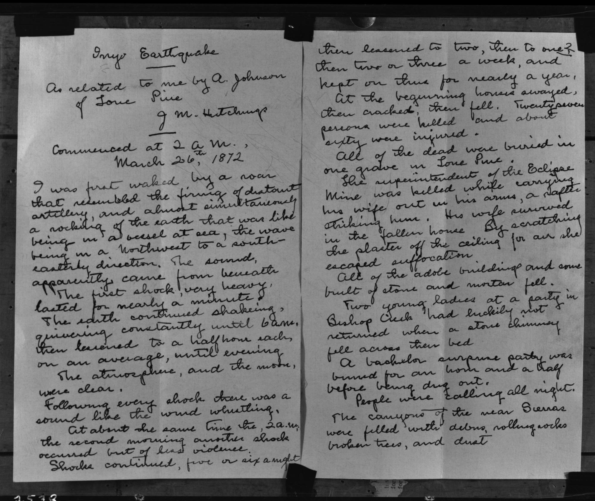 Paper about the Inyo earthquake (original the property of Mrs. Cosie Hutchings Mills). copied December 4, 1945, Ralph H. Anderson.