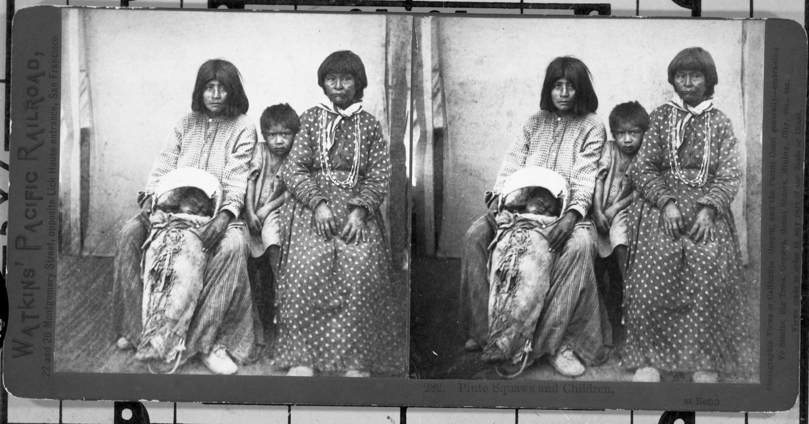 Copy Neg: July 1985 by Michael Dixon. Sepia-toned print on orange bordered card from L. Smaus Collection. Caption: "Plute Squaws and Children, at Reno." Detail: RL-16,574.