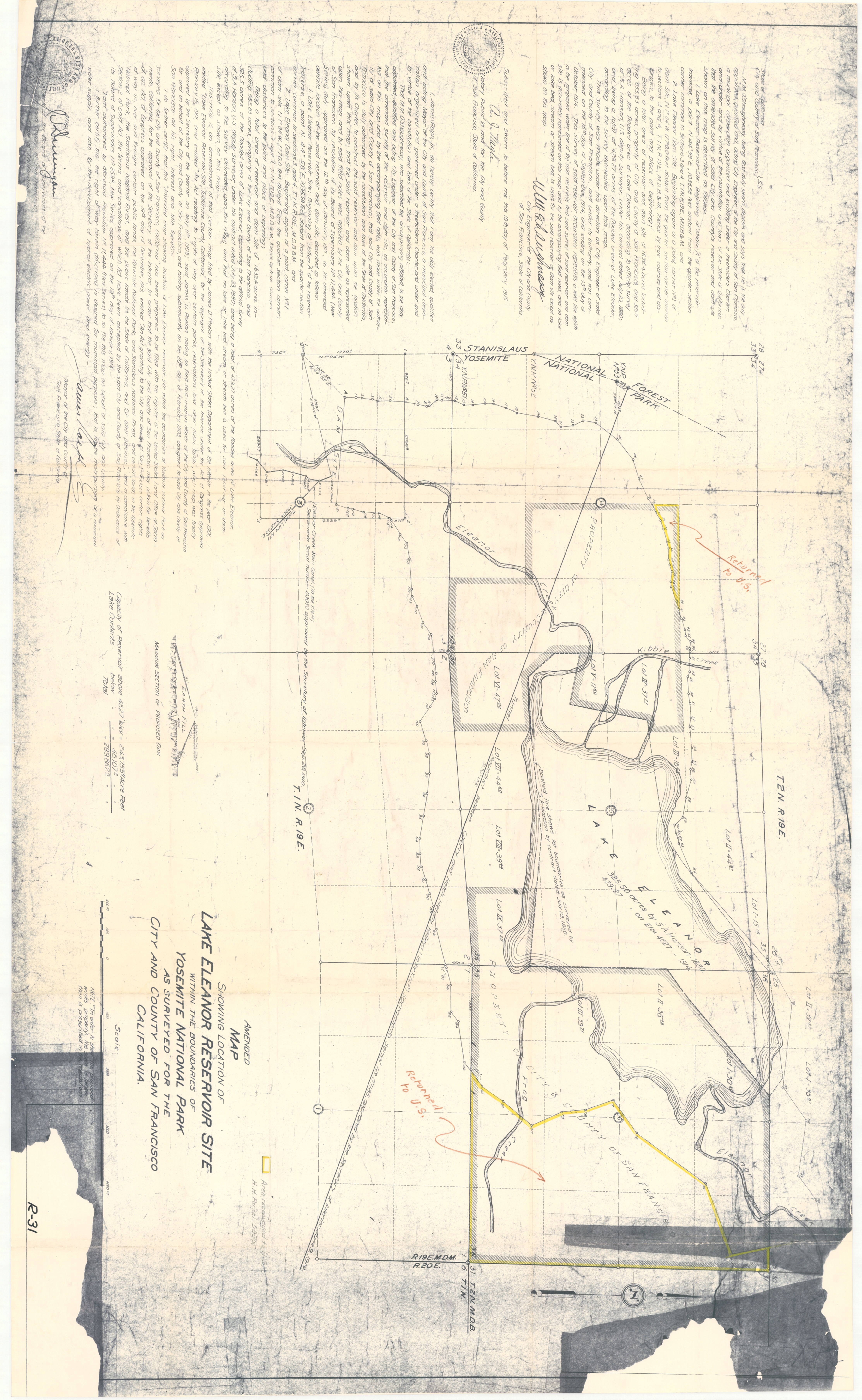 Amended Map Showing Location of Lake Eleanor Reservoir Site within the Boundaries of Yosemite National Park as Surveyed for the City and County of San Francisco, California
