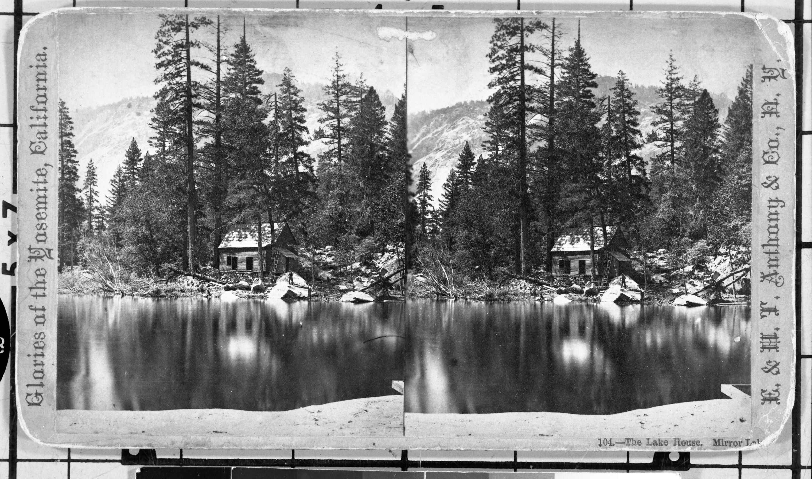 Copy Neg: July 1985 by Michael Dixon. Stereo from L. Smaus Collection (original card yellow with patterned back & sepia-toned prints). Caption: "104. The Lake House, Mirror Lake."