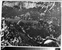 Copy Neg: MD 1986; Fig. 1B. from A Preliminary Survey of the Influence of White Man On The Vegetation of Yosemite Valley  by R. P. Gibbens March 1, 1962. The floor of Yosemite Valley as it appeared from Glacier Point in 1943. Areas which were formerly meadow of open ground now support stands of ponderosa pine and incense cedar.