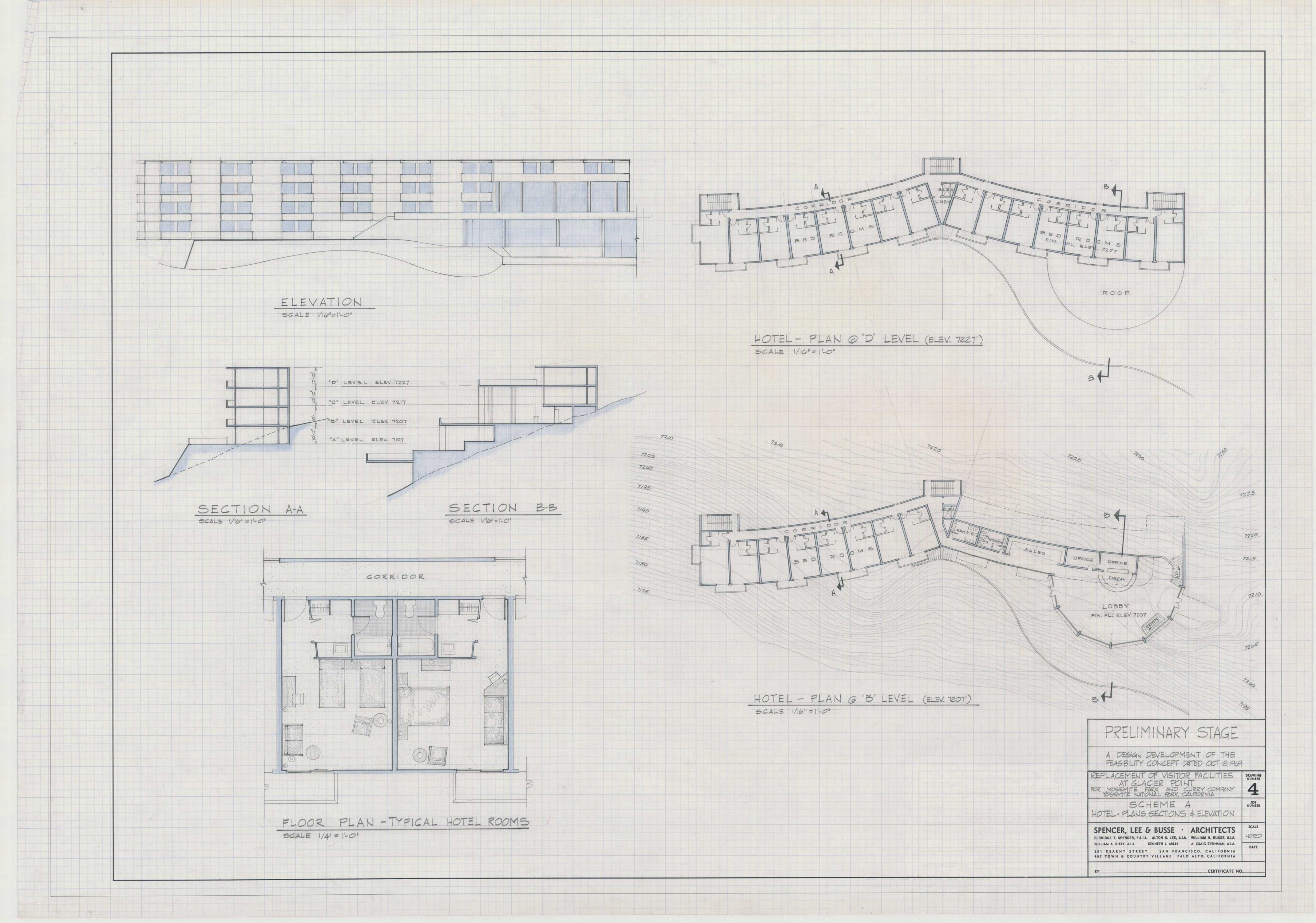 Preliminary Stage A Design Development of the Feasibility Concept Replacement of Visitor Facilities for Yosemite Park and Curry Company, Scheme A Hotel- Plans, Section & Elevation