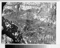Copy Neg: MD 1986. Fig. 1A. The floor of Yosemite Valley as it appearred from Glacier Point in 1866. The Hutching's hoome and corral and several split-rail fences may be seen. What appear to be haystacks are also visible. The areas marked A and B are referred to in the text. A portion of a C. E. Watkins photograph (1866), print from NPS copy Neg. by Ralph H. Anderson.; RL-16,344-RL16,381 are all photos copied from A Preliminary Survey of the Influence of White Man on the Vegetation of Yosemite Valley by R. P. Gibbens, March 1, 1961; R; 581.52; G351; Figures are numbered different in the UC Div of Agricultural Sciences, 1964 and the Yosemite Assoc. Edition