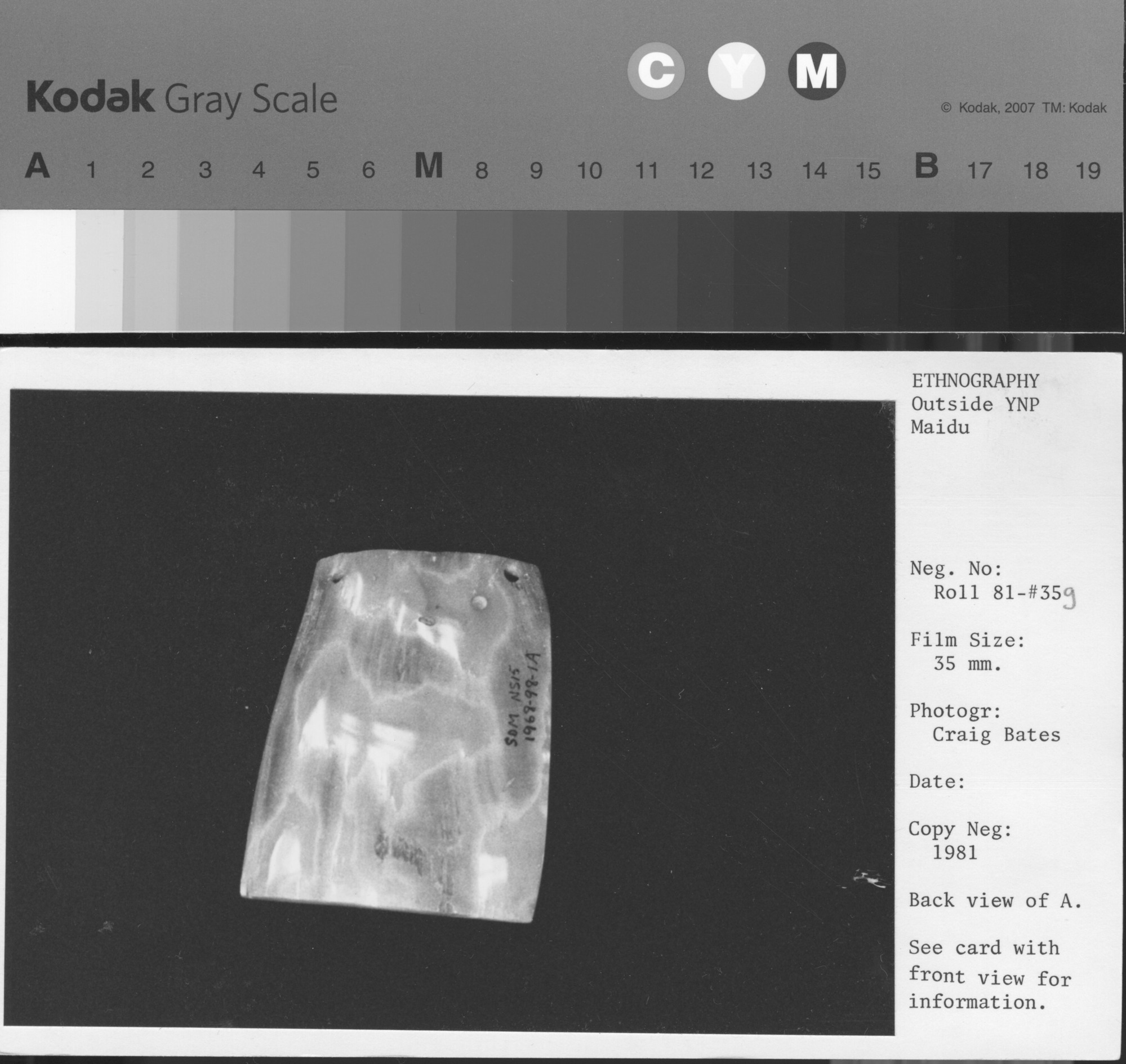Copy Neg: 1981. Back view of A. See card with front view for information.